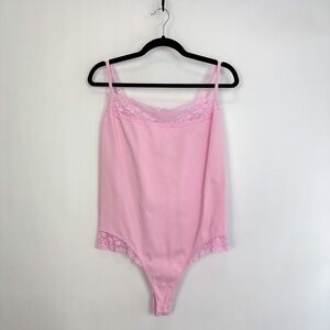 VS Pink Ribbed Lace Trim Pink Thong Bodysuit